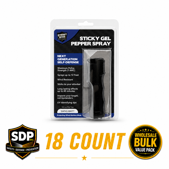 Sticky Gel Pepper Spray 18 Count wholesale bulk pack with police-strength formula for retailers, distributors, and personal safety businesses.