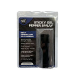 Sticky‑gel pepper spray sealed in a clear blister package displaying the front label, actuator, and printed instructions.