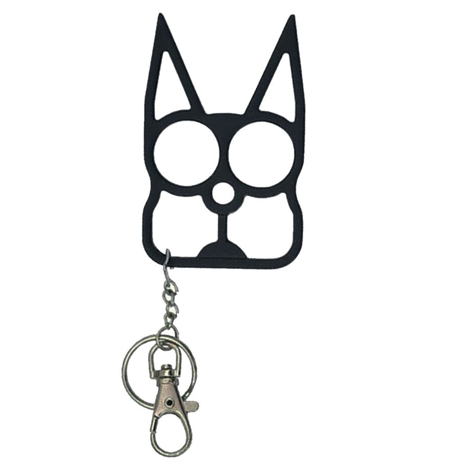 black cat‑shaped metal self‑defense keychain displayed with cutout eye holes and pointed ear design