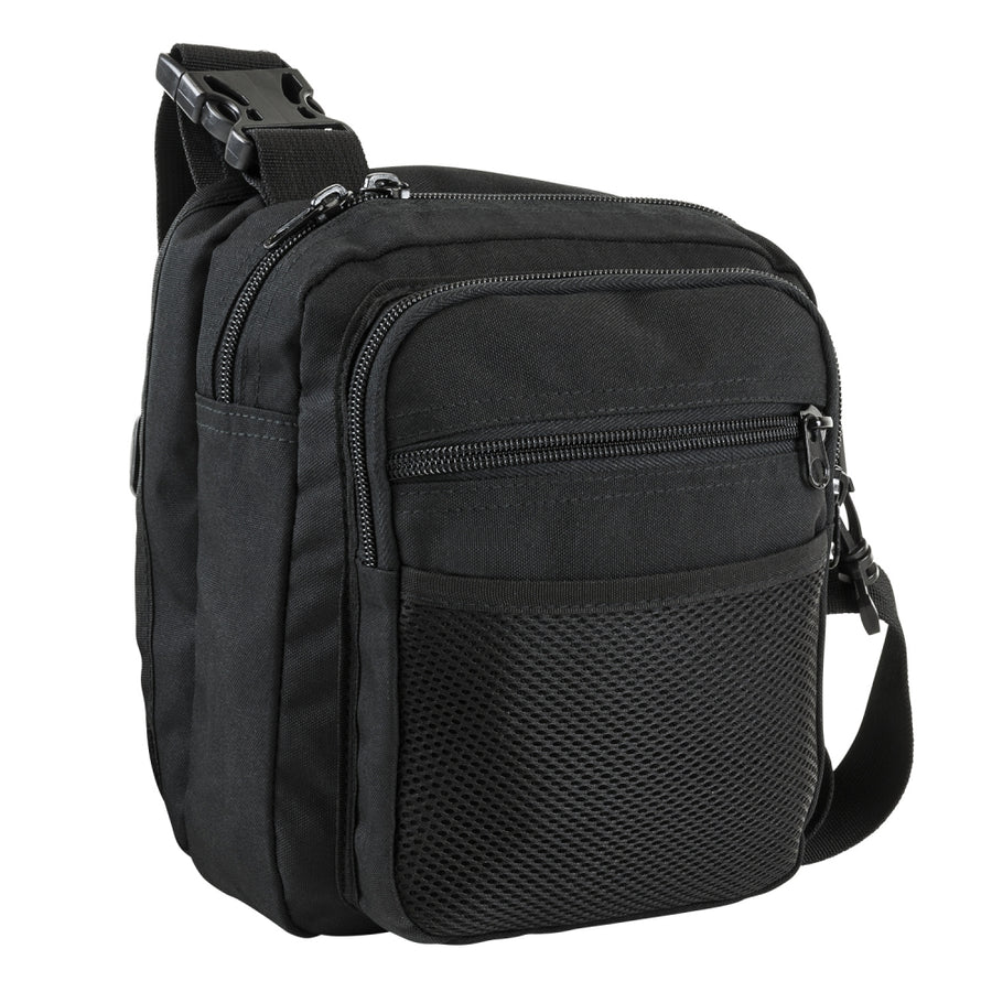 Tactical black CCW satchel shown with the hidden compartment open for quick‑access carry.