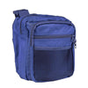 Blue concealed‑carry satchel featuring its firearm holster pocket inside the opened concealed‑carry compartment.