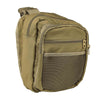 Open view of a tan CCW satchel displaying the dedicated firearm pocket and secure zippered access.