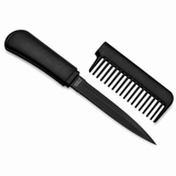 Black comb knife shown with the blade exposed, highlighting its disguised comb‑style handle and sharp cutting edge.