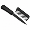 Black comb knife shown with the blade exposed, highlighting its disguised comb‑style handle and sharp cutting edge.