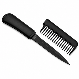 Black comb knife shown with the blade exposed, highlighting its disguised comb‑style handle and sharp cutting edge.