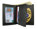 close up view of the concealed-carry wallet with badge display, ID window, reinforced clip, and professional everyday carry design