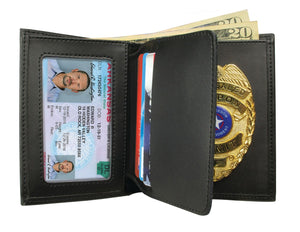 close up view of the concealed-carry wallet with badge display, ID window, reinforced clip, and professional everyday carry design