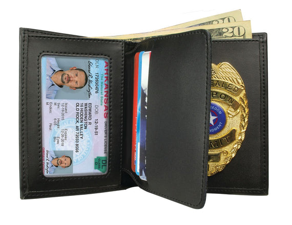 concealed-carry wallet with badge display, ID window, reinforced clip, and professional everyday carry design