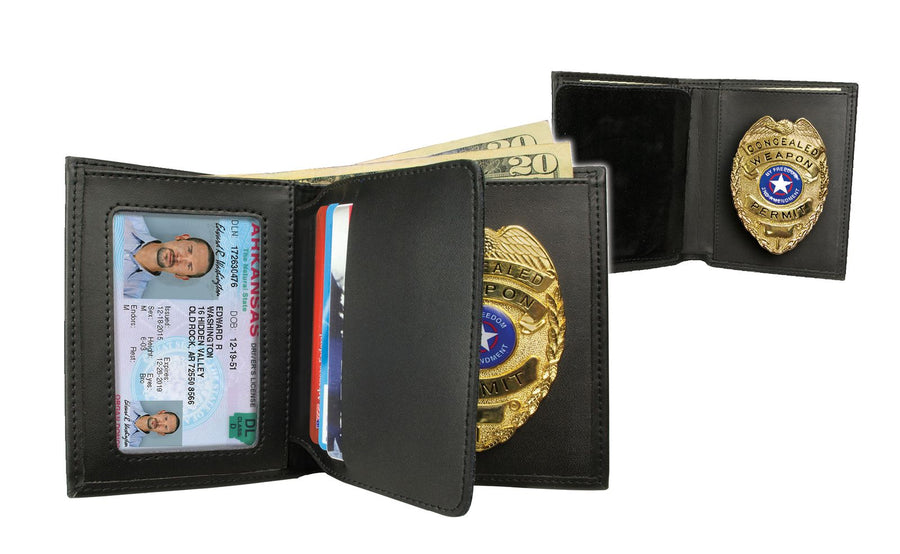 concealed-carry wallet with badge display, ID window, reinforced clip, and professional everyday carry design
