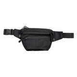 Black concealed carry fanny pack with lockable CCW compartment, holster retainer, adjustable waist strap, and multiple zippered storage pockets for everyday carry.