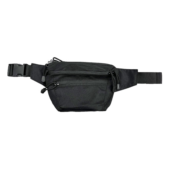 Black concealed carry fanny pack with lockable CCW compartment, holster retainer, adjustable waist strap, and multiple zippered storage pockets for everyday carry.
