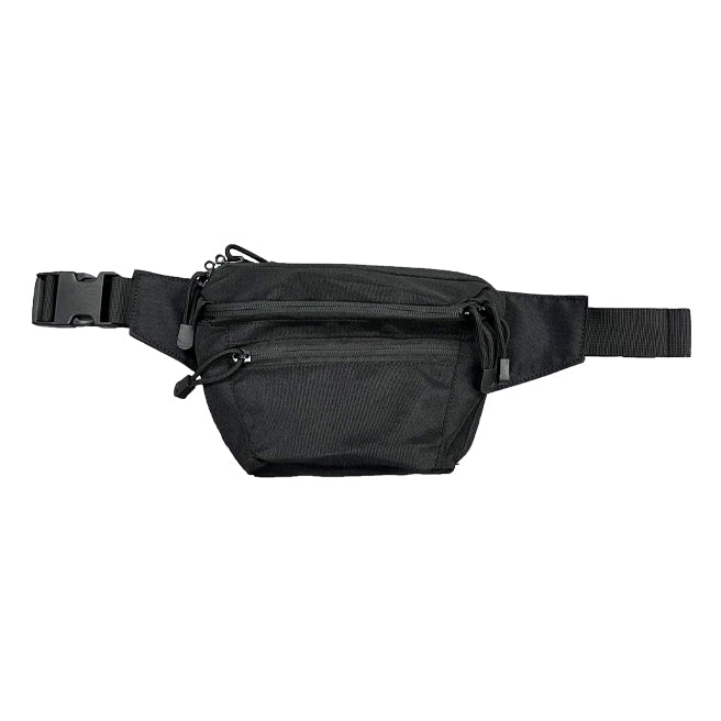 Black concealed carry fanny pack with lockable CCW compartment, holster retainer, adjustable waist strap, and multiple zippered storage pockets for everyday carry.