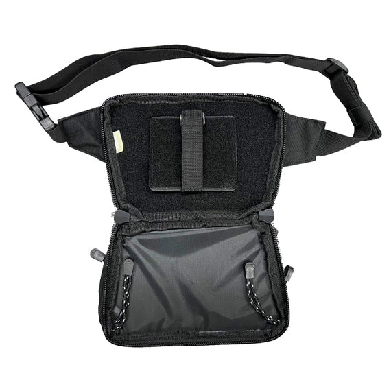 Black concealed carry fanny pack with lockable CCW compartment, holster retainer, adjustable waist strap, and multiple zippered storage pockets for everyday carry.