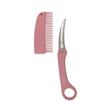 Two‑piece curved pink comb knife set shown together, featuring a detachable comb cover and concealed blade.