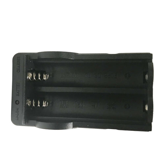 Double battery charger for 3.7V 18650 Li-ion batteries used with compatible stun batons and stun flashlights.