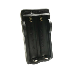 Double battery charger for 3.7V 18650 Li-ion batteries used with compatible stun batons and stun flashlights.