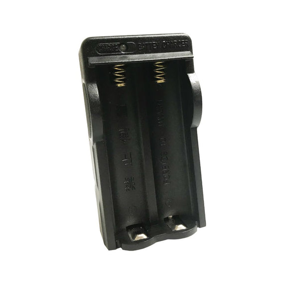 Double battery charger for 3.7V 18650 Li-ion batteries used with compatible stun batons and stun flashlights.