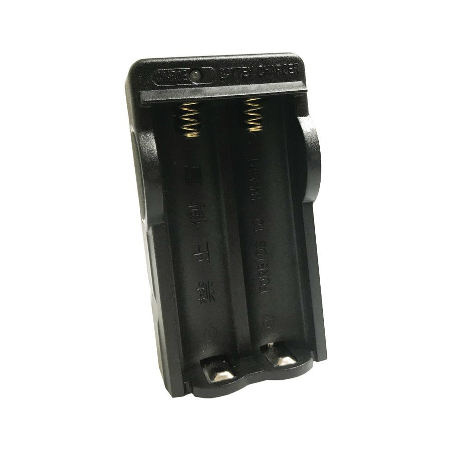 Double battery charger for 3.7V 18650 Li-ion batteries used with compatible stun batons and stun flashlights.
