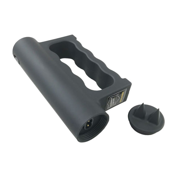 Streetwise Double Down 23 Million Volt rechargeable stun gun with dual stun zones, removable self-defense spikes, LED flashlight, and nylon belt holster.
