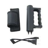 Black Double Down stun gun shown with all included contents such as charging cable, wrist strap, and instruction manual.