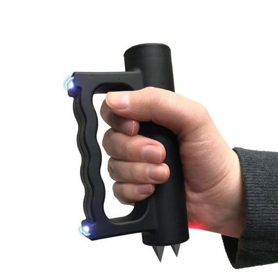Streetwise Double Down 23 Million Volt rechargeable stun gun with dual stun zones, removable self-defense spikes, LED flashlight, and nylon belt holster.