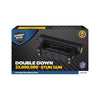 Black Double Down stun gun shown inside its retail packaging with product image, branding, and listed features.