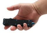 elitEdge automatic OTF knife with blade retracted, front view of handle and slide switch