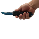 close‑up of the 440C stainless steel blade on the ElitEdge automatic OTF knife