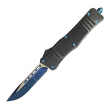 Side profile of the ElitEdge automatic OTF knife showing belt clip and handle texture