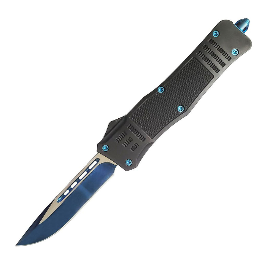 Side profile of the ElitEdge automatic OTF knife showing belt clip and handle texture