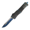 Side profile of the ElitEdge automatic OTF knife showing belt clip and handle texture