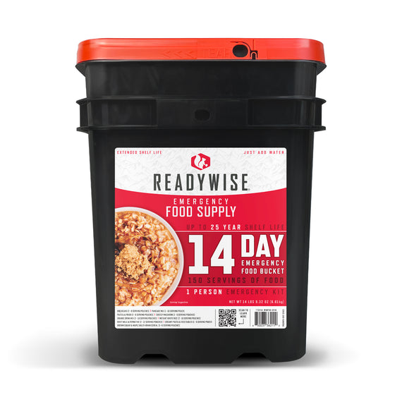 14 day emergency food bucket with shelf-stable survival meals and disaster preparedness food supply