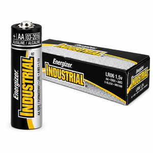 Retail packaging for Energizer Industrial AA alkaline batteries showing the yellow‑and‑black branding and battery illustrations carton count 24 batteries.