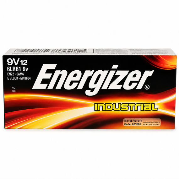 Energizer Industrial 9V alkaline replacement battery.