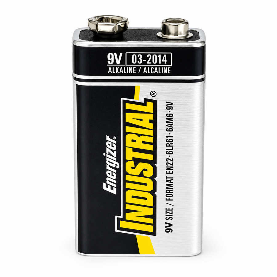 Energizer Industrial 9V alkaline replacement battery.
