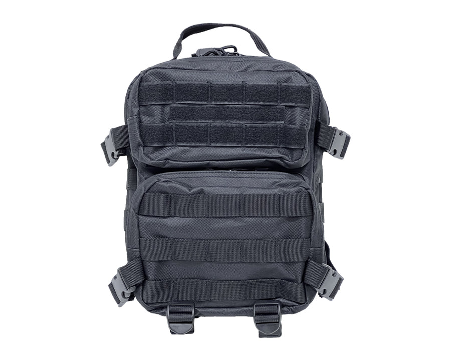 Black everyday‑carry tactical pack with multiple zippered pockets and durable construction.