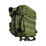 Green tactical backpack shown from the side, highlighting its storage pockets and durable fabric.