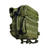Green tactical backpack shown from the side, highlighting its storage pockets and durable fabric.