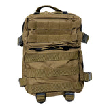 Everyday tactical backpack in tan showing its main compartments, reinforced stitching, and MOLLE webbing.