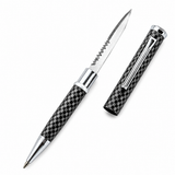 Executive carbon‑fiber pen knife shown with its blade extended, highlighting the sleek pen‑style body and sharp edge.