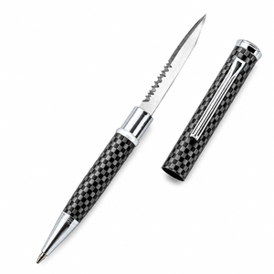 Executive carbon‑fiber pen knife shown with its blade extended, highlighting the sleek pen‑style body and sharp edge.