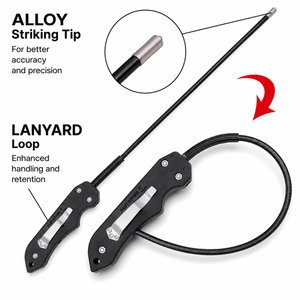 Illustrated Fast Strike whip with callouts identifying the steel cable core, rubberized grip, and reinforced striking tip.
