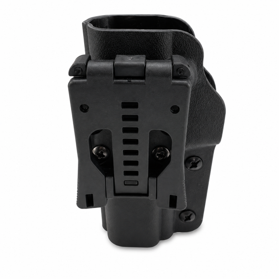 JPX 2 LE FIRESTORM orange pepper spray gun with integral laser, two-shot magazine and right-hand belt holster for non-lethal personal protection.