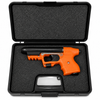Firestorm JPX 2 LE pepper spray gun with bright orange frame shown inside its hard carry case with molded interior.