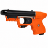 JPX 2 LE FIRESTORM orange pepper spray gun with integral laser, two-shot magazine and right-hand belt holster for non-lethal personal protection.