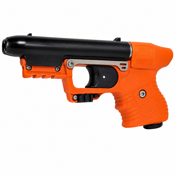 JPX 2 LE FIRESTORM orange pepper spray gun with integral laser, two-shot magazine and right-hand belt holster for non-lethal personal protection.