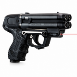 Firestorm JPX 6 black pepper spray gun shown with activated laser light, highlighting its tactical illumination and dual‑barrel design.