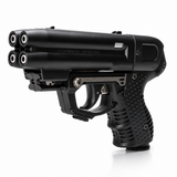 FIRESTORM JPX 6 black pepper spray gun with integrated laser and six-shot primer-fired Jet Protector system for less-lethal personal protection.
