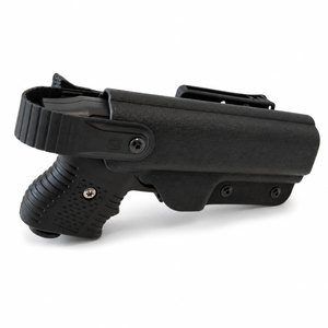 Side‑view of the Firestorm Vega JPX 2 Level 2 right‑hand holster made of black Kydex with molded contours and retention hood.
