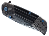 Titanium and Damascus folding knife shown closed with visible handle finish